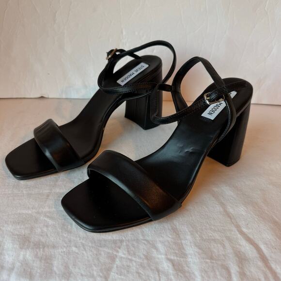 Steve Madden Mareena Leather Block Heel Sandal Womens sz 10‎ Black Ankle Strap - Picture 1 of 11